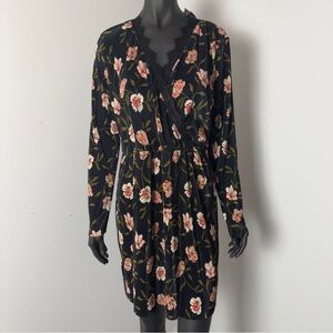 ASOS Black Floral Pleated Wrap Dress — Lace Trim — Size 16 (NWT)